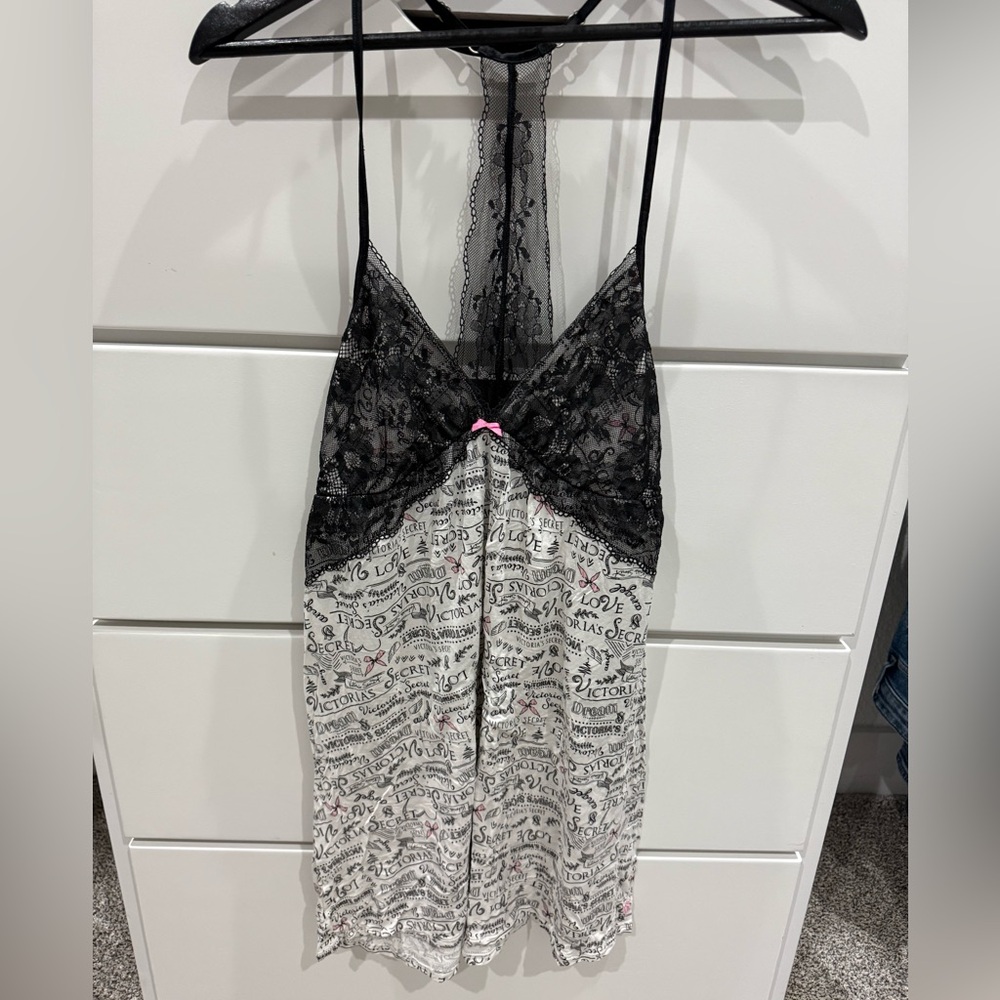 Victoria's Secret Black Lace and White Script Chemise